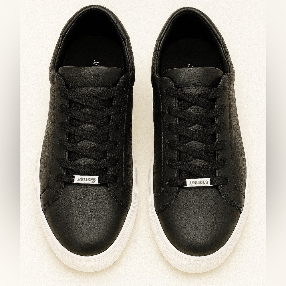 J/Slides Men’s Black Leather Lace-Up Sneakers Size 10M | Minimalist Low Top